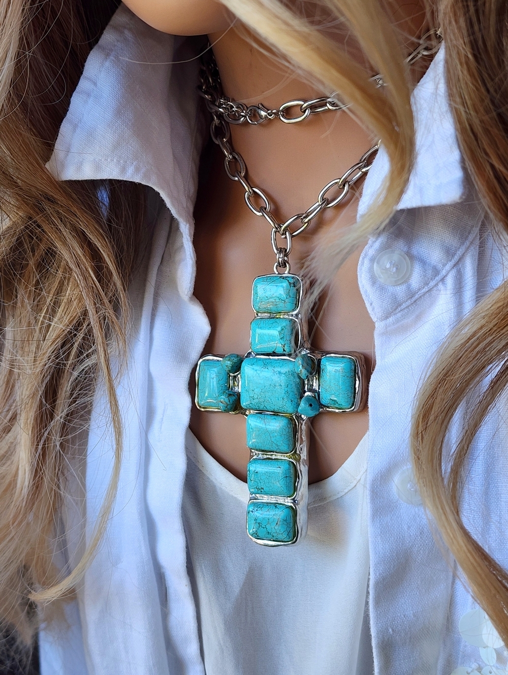 LARGE Cross Bohemian Jewelry Blue Stones Vintage Rustic pendant